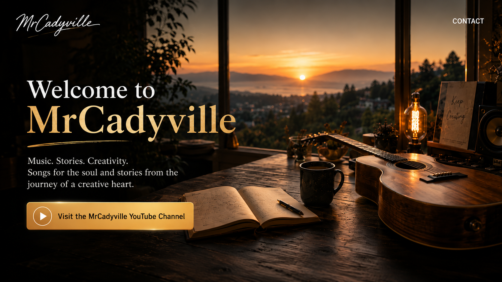 MrCadyville welcome page with a warm music studio, sunset view, guitar, notebook, and YouTube channel button.